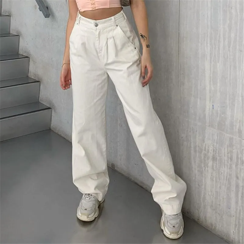 Fall 2020 Baggy White Jeans Woman High 