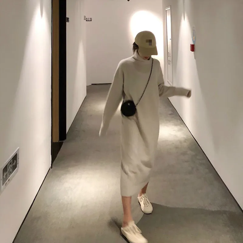 

Turtleneck Cashmere Knitted Sweater Dress Women 2020 Spring Noodles Elastic Long Sleeve Thick Pullover Winter Dress Vestido