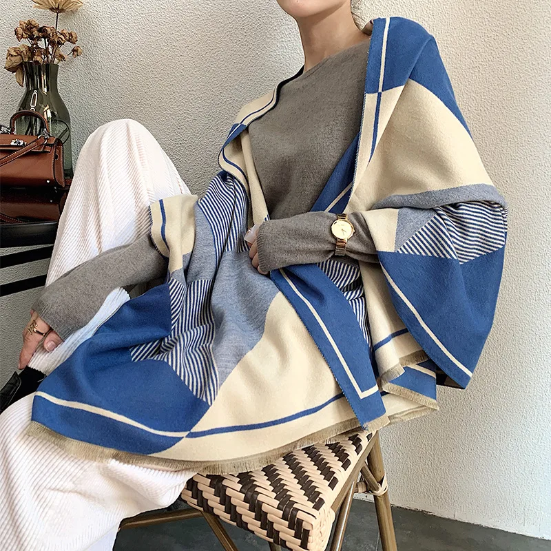 

Women Winter Scarf Warm Cashmere Pashmina Design Geometric Pattern Thick Female Blanket Autumn Lady Shawls and Wraps