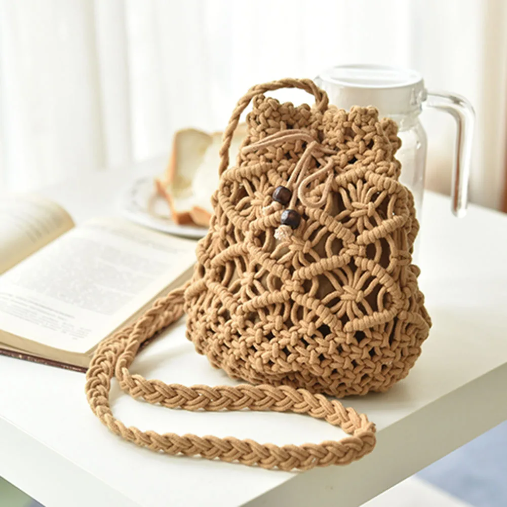 

Summer Seaside Vacation Straw Rattan Cotton Basket Bag Women's Handbag Shoulder Crossbody Beach Bag Handmade Weave Tote Bag