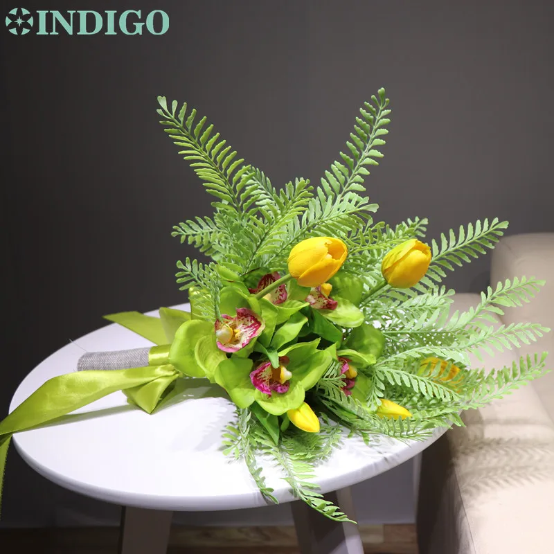 Индиго-эксклюзивные продажи подарок 1 комплект букет желтый тюльпан Cymbidium композиция Свадебный букет невесты партии