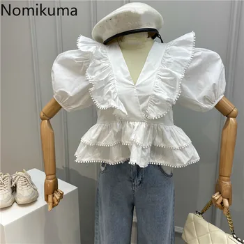 

Nomikuma 2020 Summer New Sweet Blusas Mujer De Moda Ruffle Patchwork Women Tops Korean Short Puff Sleeve V Neck Shirts 6A188