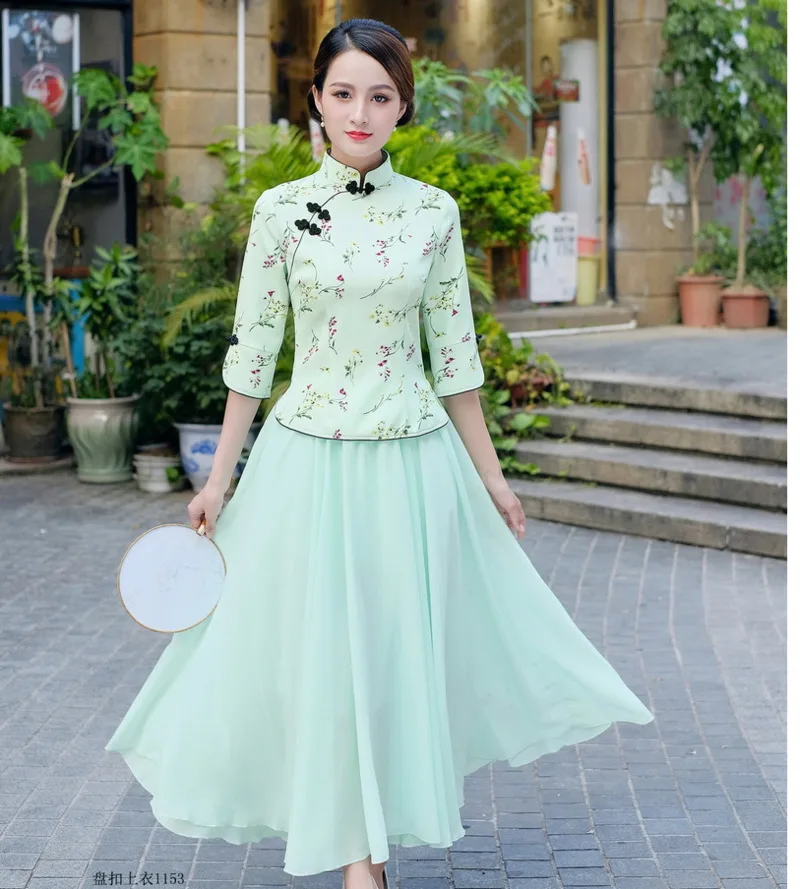 Sheng Coco Traditional Chinese Clothing Women Fresh Cheongsam Jacket Printing Qipao Top Retro Hanfu Clothing Camisa China Mujer