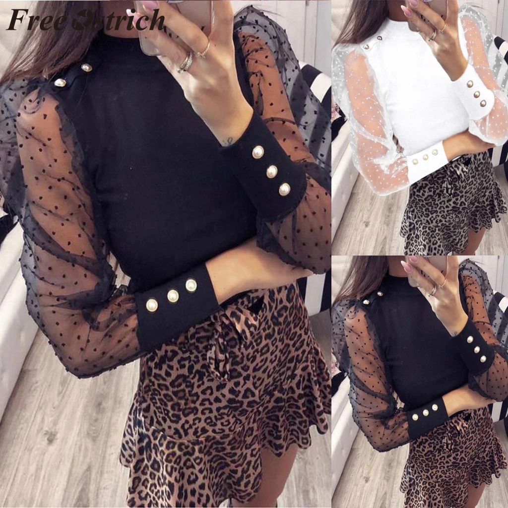 FREE OSTRICH Womens Tops And Blouses Net Yarn Pearl Lantern Sleeve Plus Size Loose Long Sleeves 2019 Woman FASHION |