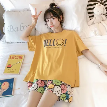 

100% cotton comfortable pajamas short-sleeved shorts ladies summer 2-piece casual O-neck cute printing female student home