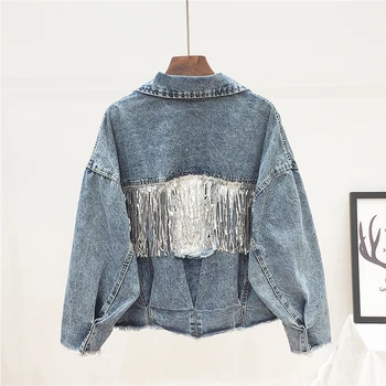 

Streetwear Autumn Big pocket Sequins Tassels Frayed Burrs Holes Jeans jacket Women Loose Vintage Blue Black Casual Denim jacket