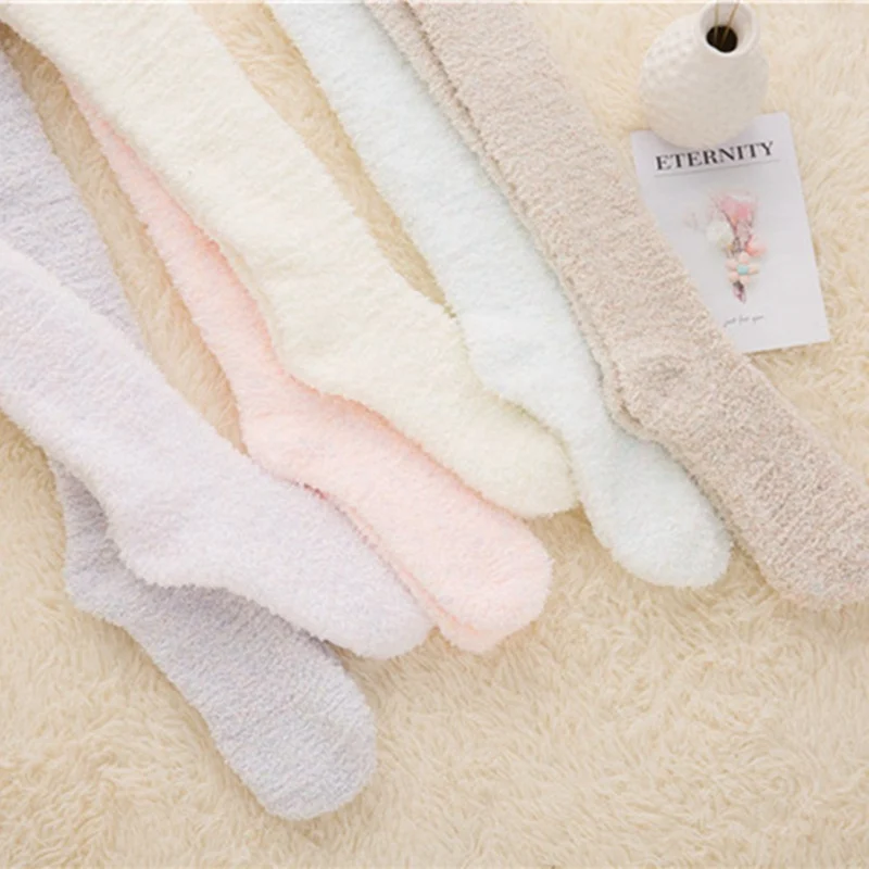

Autumn Winter Women Warm Solid Color Long Socks Coral Velvet Fleece Lady Girls Casual Women Fluffy Home Floor Socks