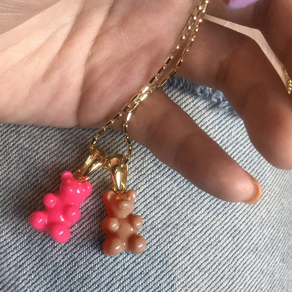 2021 Candy Color Gummy Bear Resin Pendant Necklace for Women Simple Golden Metal Chain Necklace Female Fashion Jewelry Gifts 