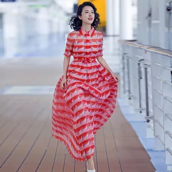 

2020 Summer New Fashion Geometry Pattern Printed Lace-up A Line Slim Pleated Big Swing Dresses Ankle-Length Women Dress