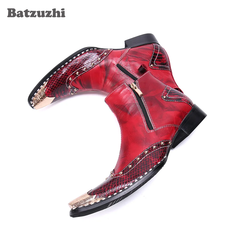 Batzuzhi Western Fashion Men Boots Shoes Pointed Leather Ankle Boots Men Zip Metal Tip Party and Wedding Boots for Men botas hom