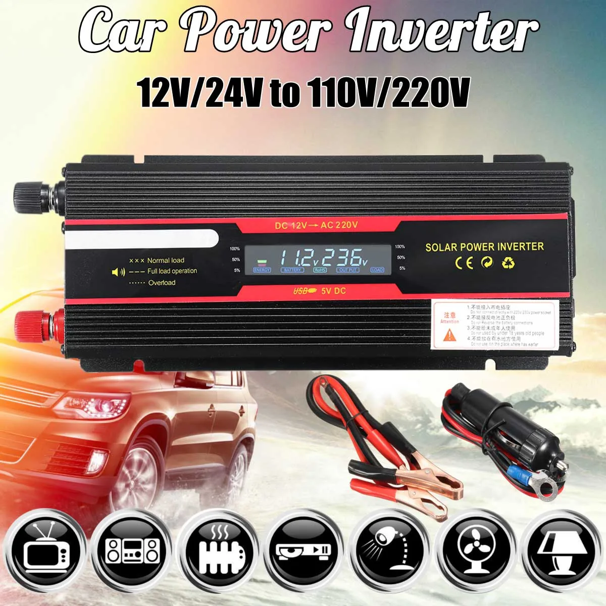 6000W Car Power Inverter DC 12V//24V to AC 110V//220V Modified Sine Wave Converter