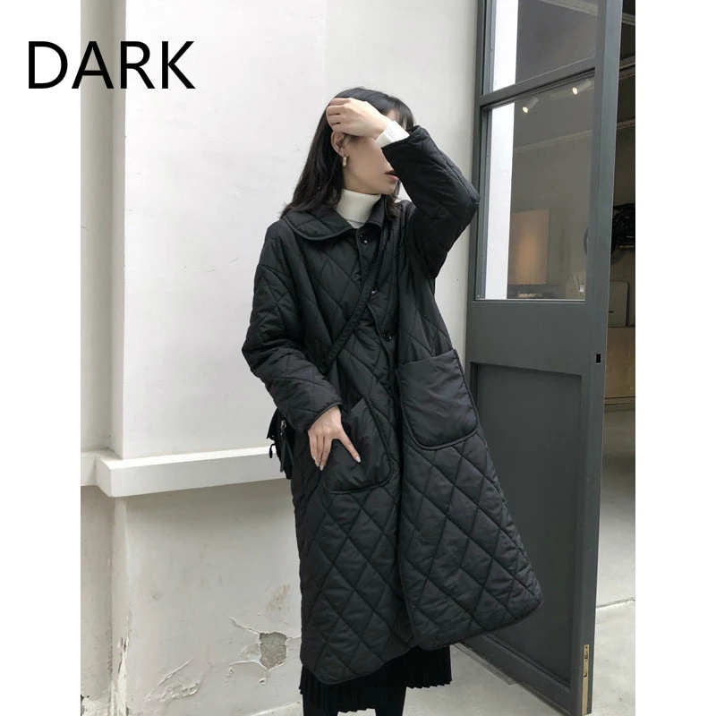 

[DARK] Black Padded Jacket Women 2020 New Style Doll Collar Long Loose Over-the-knee Padded Coat Ins Jacket Women Winter Women
