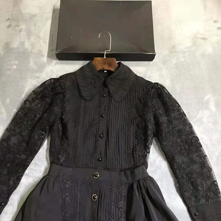 AELESEEN, модные Подиумные юбки, костюм для женщин, винтажная Цветочная вышивка, плиссированная Блузка+ длинная юбка, черный, белый цвет, костюмы из 2 предметов