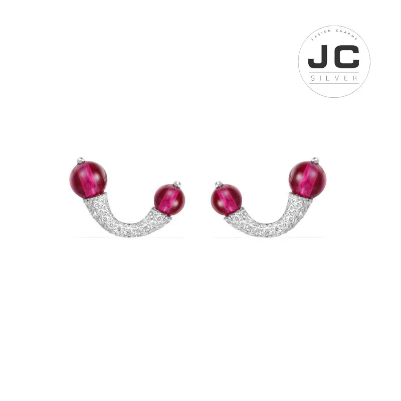 

New Fashion Charms Silver 925 Original Copy Jewelry,Silver Double Bonbon Curved Earrings With Synthetic Red Stone For Women