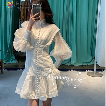 

EDGLuLu Women White Lace Patchwork Elegant Lantern Sleeve A-line Mini Dress Autumn High Quality Runway Dress Designers 2020 0911