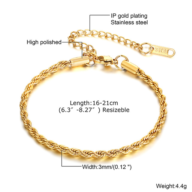 Twist Rope Chain Bracelet for Women Stainless Steel Bracelets Female Wrist Adjustable Length Party Layering Jewelry