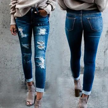 

2019 new ladies ripped jeans mid-rise waist tight Ms jeans cotton spring autumn street clothing women's denim tight trousers