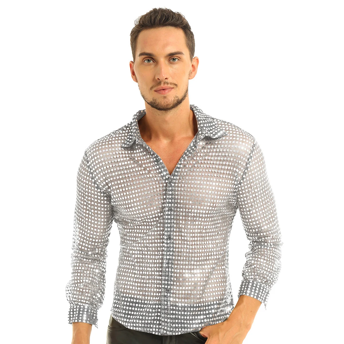 thumbnail image 1 of Camiseta de discoteca de los años 70 para hombre, ropa de disfraces holográfica con lentejuelas brillantes, malla transparente, ropa de club, camiseta de actuación de baile de discoteca, 1 of 5
