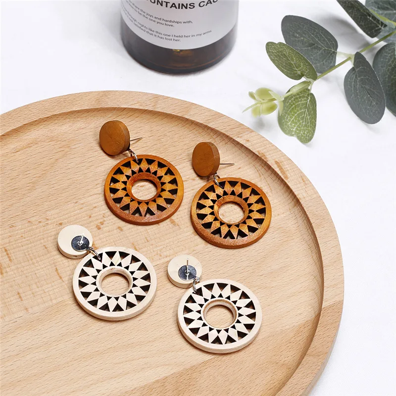 

VIVILADY BOHO DIY Handmade Carving Natural Wooden Circle Women Hoop Earrings Trendy Wholesale Ethnic Jewelry Brincos