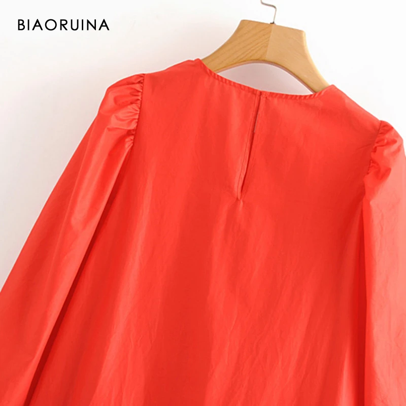 BIAORUINA, женское Красное милое ТРАПЕЦИЕВИДНОЕ ПЛАТЬЕ с оборками для девочек, повседневное свободное платье с круглым вырезом, женское элегантное однотонное платье в Корейском стиле, Vestido