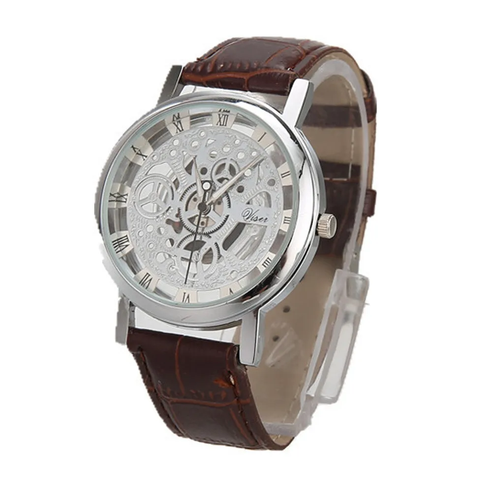 

Men Luxury Stainless Steel Hollow Out Dial Quartz Watch Leather Band Wrist Watch reloj para homre שעון גבר reloj caballero #L0
