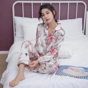 

Fiklyc Women's Pajamas Spring And Summer Ice Silk Thin Cardigan Loose Two-Piece Suit Home Clothes Can Be Worn Outside Set