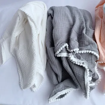 

100% Cotton Muslin Baby Pompom Blanket Summer Bed Sheet Bedspread Cotton Bath Towel Baby Receiving Blanket