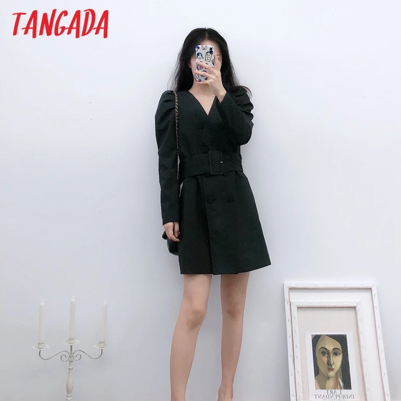 Tangada женское элегантное черное платье-блейзер с поясом с длинным рукавом Винтажный стиль женское офисное мини-платье vestidos 6P20