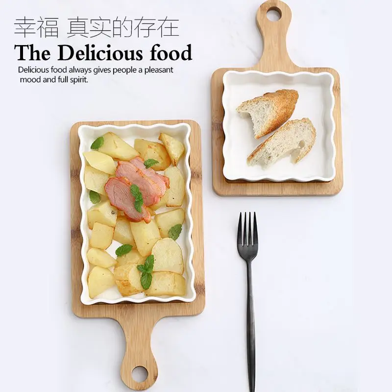 Creative Ceramics Cooking Dish Square with Bamboo Mat Heat Resistant Bakery Plates Scandinavian Minimalist White Restaurant Bake