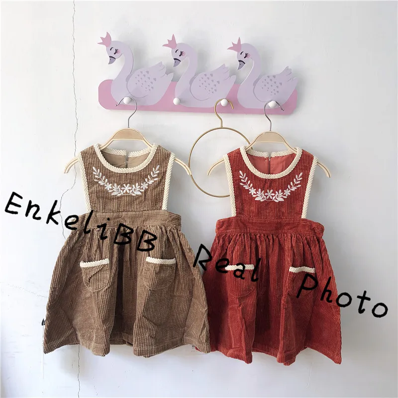 Caramel Kids Girls Fall Corduroy Dress Toddler Girl Winter Vintage Embroidered Dress Quality Baby Girl Autumn Clothes Pocket