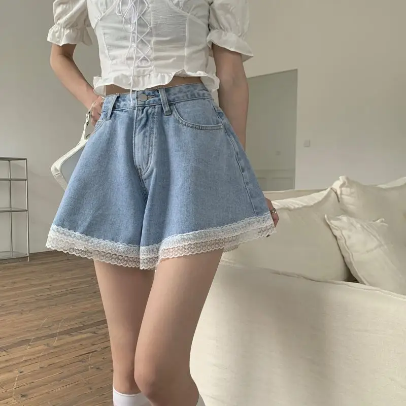 Women Summer Kawaii Sexy Blue Shorts 2021 Cute Girls Fashion All-Match Casual Solid Color Denim Lace Shorts yoga shorts