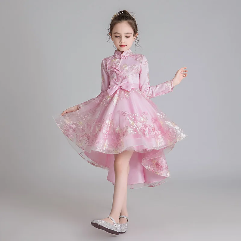 Hot Chinese Style Cheongsam Children's Dresses for Girls Elegant Party Girls Dresses Trailing Mesh Girls Frocks for 3-8years Old