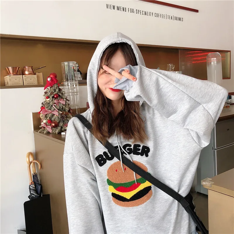 Burger патч негабаритных толстовки для женщин Весна Осень Корейская кофта с капюшоном в стиле поп Женская толстовка сплошной цвет пуловер женский