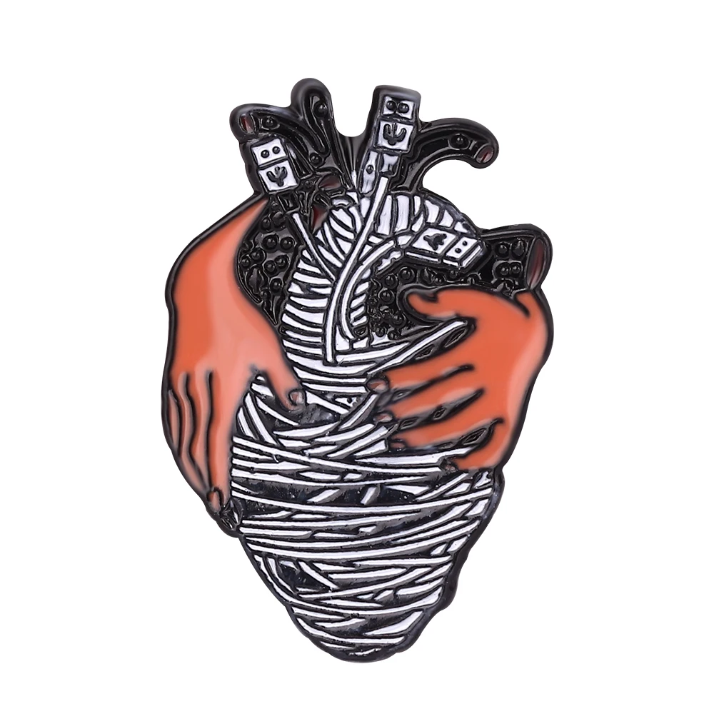 Punk Style Skeleton Love Heart Enamel Pins Self-deprecating Dark Punk Brooches Ocean Wave Whale Human Heart Lapel Pins Badges - Metal color: XZ757