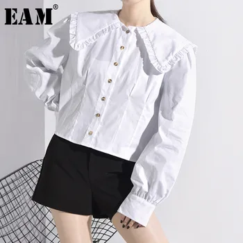 

[EAM] Women White Ruffles Split Temperament Blouse New Lapel Long Sleeve Loose Fit Shirt Fashion Tide Spring Autumn 2020 1M94200