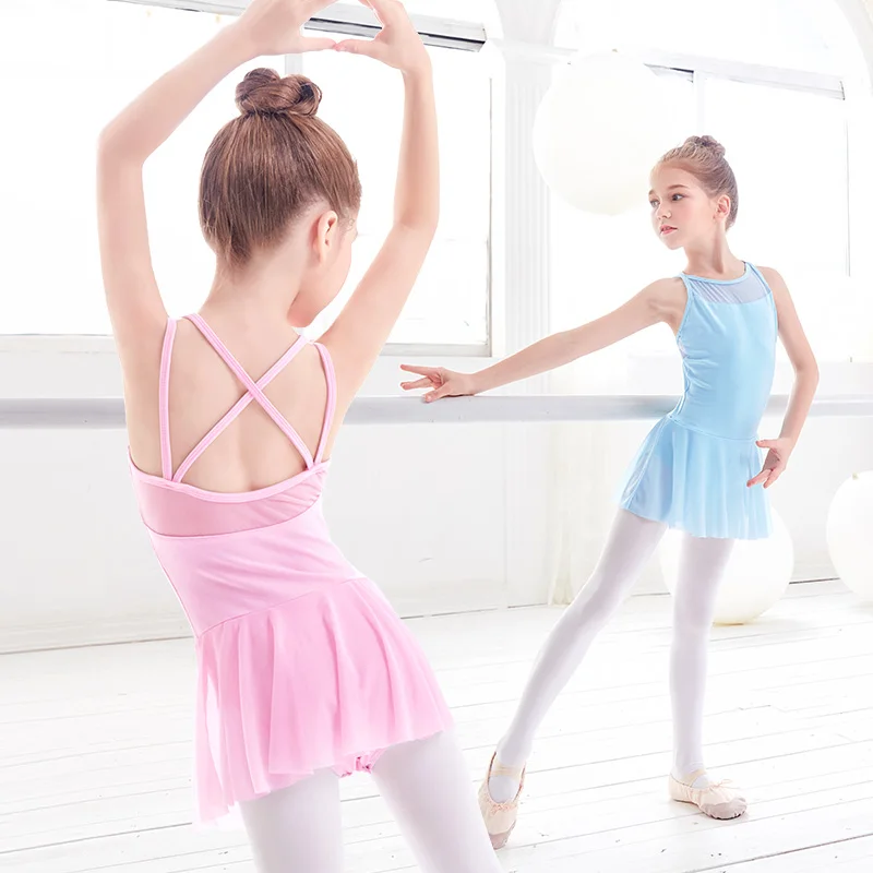 Новая сетчатая одежда из хлопка и лайкры для девочек; цвет розовый, синий; балетная танцевальная одежда; трико; гимнастический купальник; закрытый Купальник для танцев для девочек