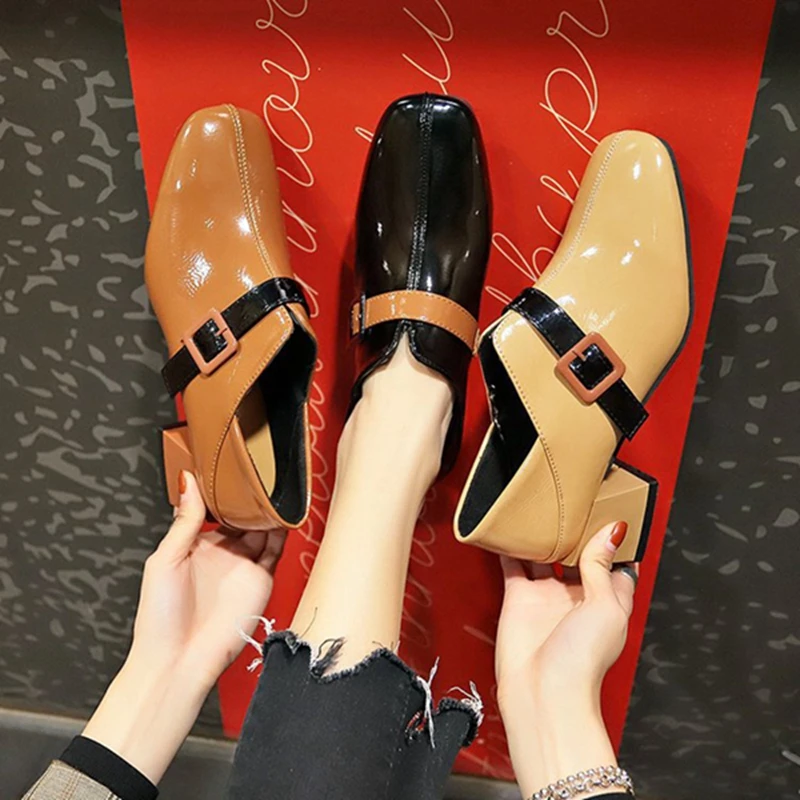 

2019 autumn new fashion wild belt buckle single shoes women's shoes square head high heels two wear casual shoes
