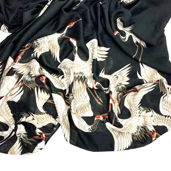 

Chinese Wind Crane Print Scarf Women Autumn Winter Cotton And Linen Hand Tassel Shawl Dual-use Scarf Black 90*180cm Dropshipping