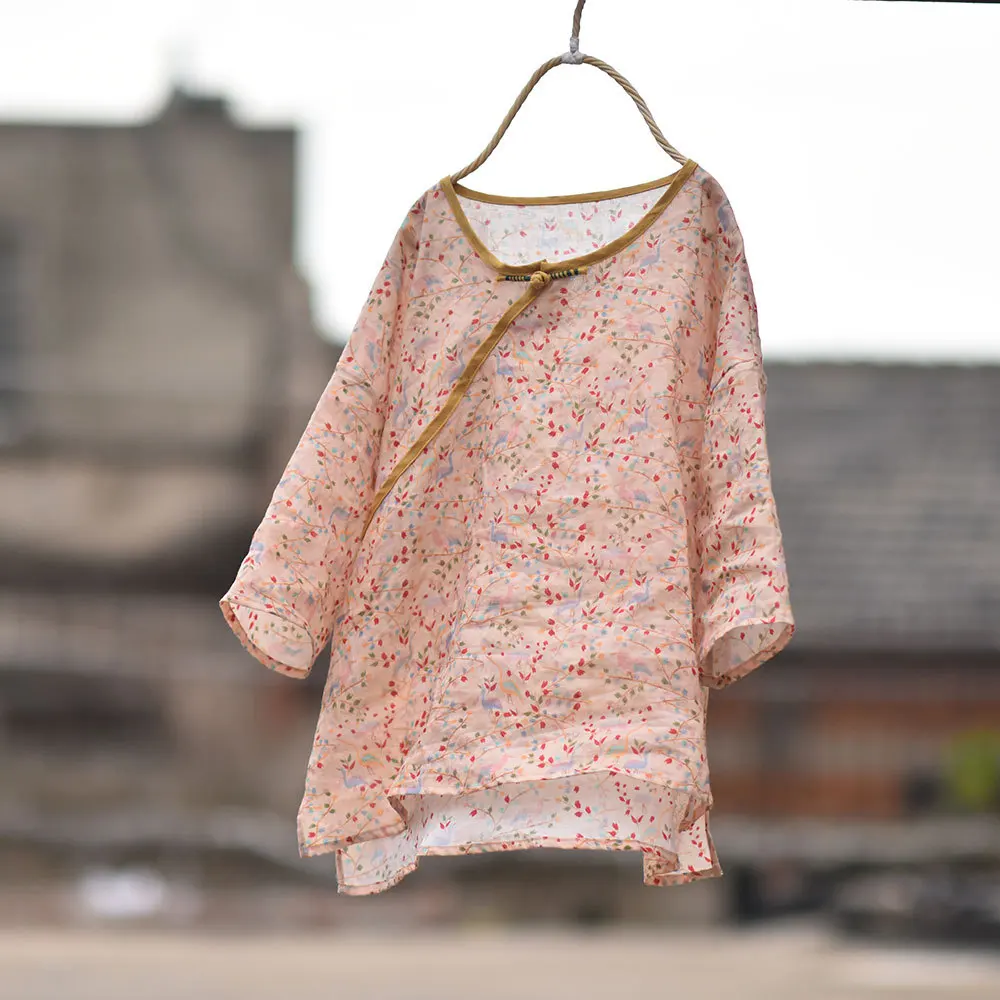 Women Printed Ramie Shirts Tops Ladies Print Ramie Irregular Length Blouse Female 2020 Summer Shirt 2