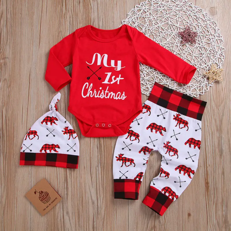 3pcs Cotton Baby Outfit Clothes Cute Christmas Newborn Sets Toddler First Xmas Cartoon Printed Romper Trousers Hat Baby's Set