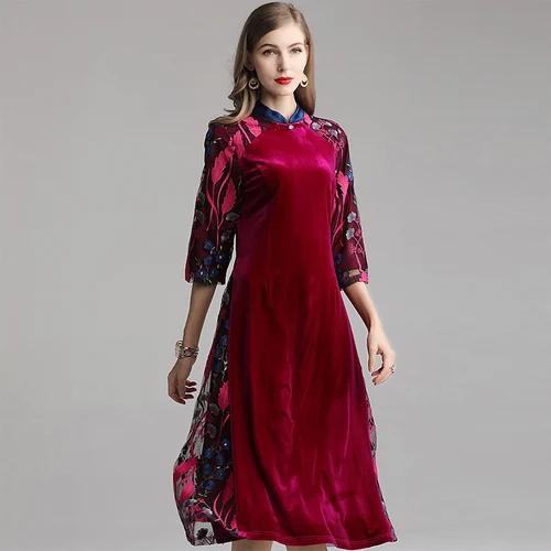Цветочная вышивка, сетка, пэчворк, чонсам, Qipao, Осеннее, китайский стиль, длинное, винтажное, повседневное, бархатное платье, Осеннее, элегантное, миди платье - Цвет: red