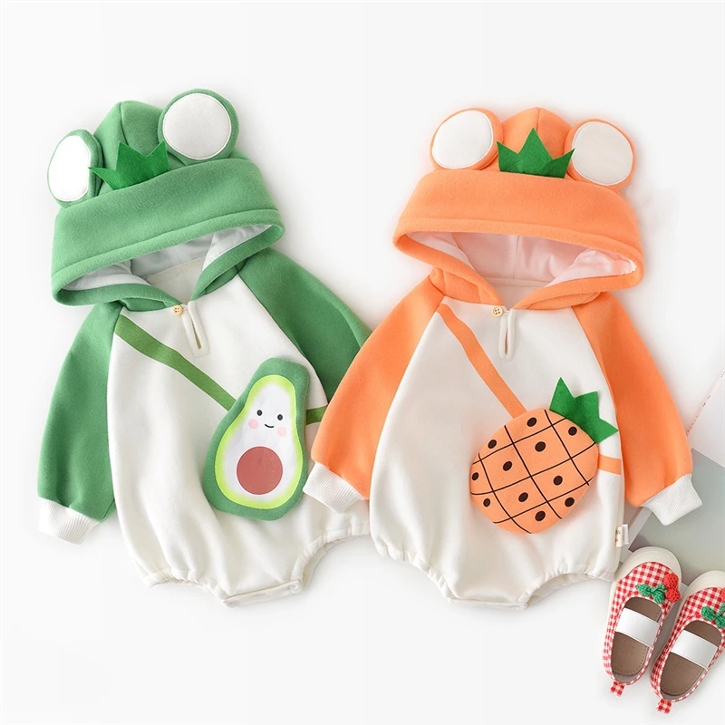

Baby girls boys romper spring Autumn Hooded Long sleeve Thicken warm Jumpsuit Fruit three-dimensional printing Diagonal package