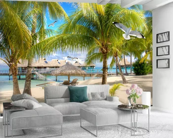 

Classic 3d Wallpaper Modern Mural 3d Wallpaper Romantic Coconut Hammock by the Sea Scenery Decorative Silk 3d Mural Wallpaper