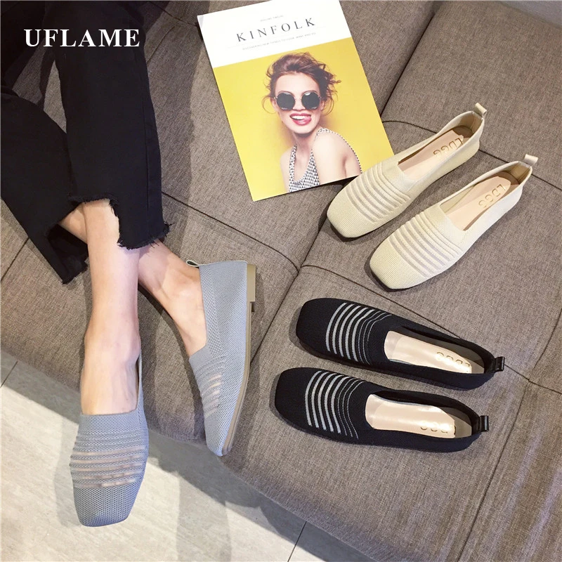 

Women's square head breathable hollow gauze knit flat shoes Female Wool Knitted Flying woven Sneakers Loafers Mother's shoes