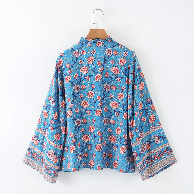 Boho chic happie женская синяя с цветочным принтом из вискозы богемная пляжная блузка рубашка женская с расклешенными рукавами Свободные Boho рубашки blusa