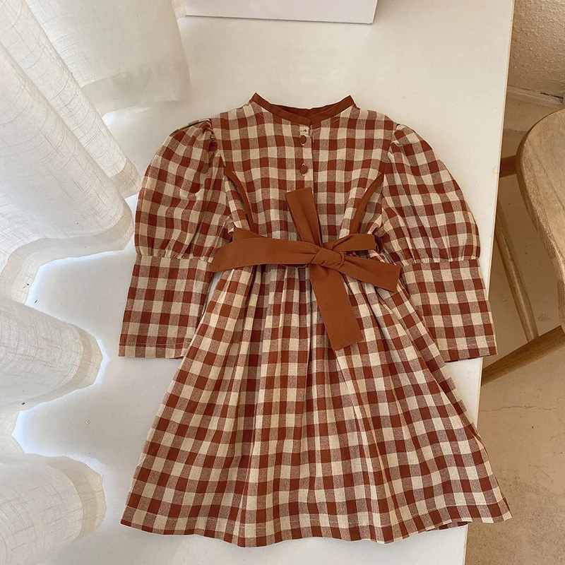 New Children's Wear 2021 Spring And Autumn Girls' Comfortable Foreign Style Coffee Plaid Tether Belt Dress For Small | Детская