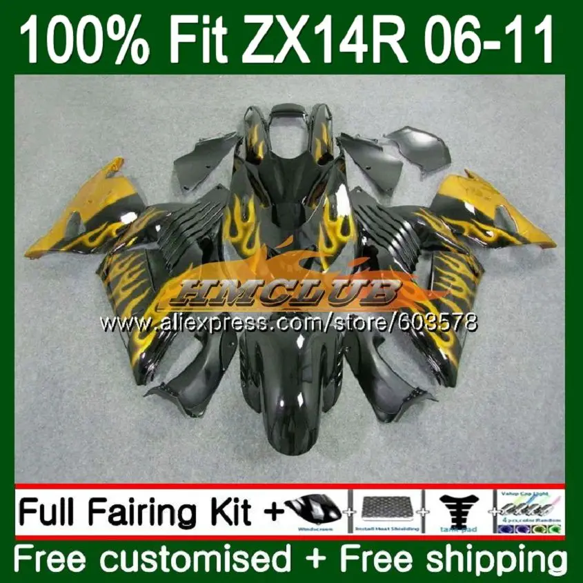 Инъекции для KAWASAKI ZZR1400 ZX 14R 2006 2007 2008 2009 2010 2011 113CL. 109 ZX-14R ZX14R 06 07 08 09 10 11 обтекатель золотого цвета