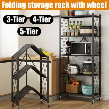 

5 Layer Folding Storage Rack with Wheel Movable for Living Room Bedroom Kitchen Home Space Saving Organizer