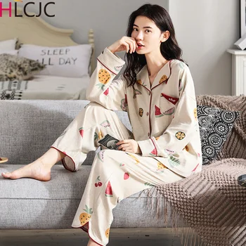 

New Autumn Winter Fruits Sleepwear 2 Piece Sets for Women Cotton Pajamas Turn-down Collar Homewear Large Size Pijama Pyjama XXL