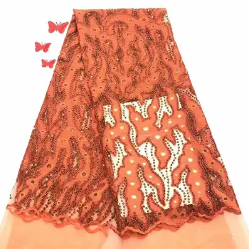 

Latest High Quality orange sequins Embroidered For Dress Nigerian Tulle Lace Fabric FD1216